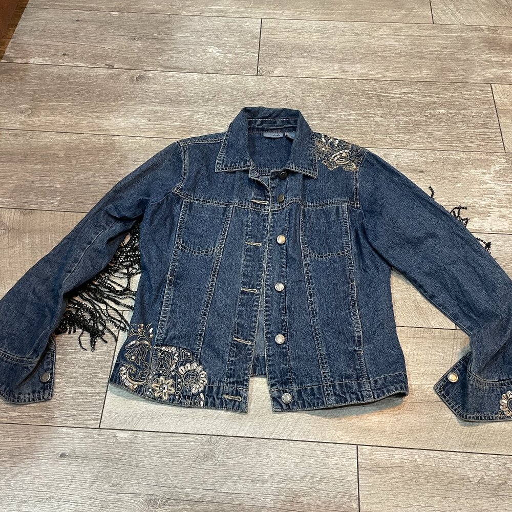 Bill Blass Western Bling Fringe Embroidered Cowgirl Rodeo Jean Jacket M